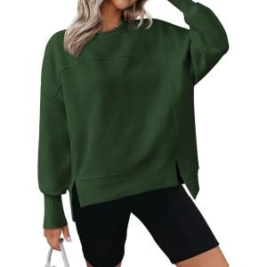imageBTFBM Womens Casual Crewneck Sweatshirts 2026 Spring Long Sleeve Side Slit Workout Fleece Pullover Top Fashion ClothingDark Green