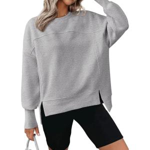 imageBTFBM Womens Casual Crewneck Sweatshirts 2026 Spring Long Sleeve Side Slit Workout Fleece Pullover Top Fashion ClothingGrey