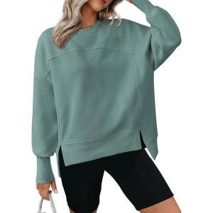 imageBTFBM Womens Casual Crewneck Sweatshirts 2026 Spring Long Sleeve Side Slit Workout Fleece Pullover Top Fashion ClothingGrey Green