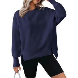 imageBTFBM Womens Casual Crewneck Sweatshirts 2026 Spring Long Sleeve Side Slit Workout Fleece Pullover Top Fashion ClothingNavy