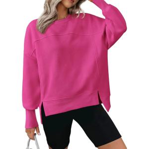 imageBTFBM Womens Casual Crewneck Sweatshirts 2026 Spring Long Sleeve Side Slit Workout Fleece Pullover Top Fashion ClothingRose Red