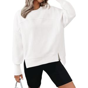 imageBTFBM Womens Casual Crewneck Sweatshirts 2026 Spring Long Sleeve Side Slit Workout Fleece Pullover Top Fashion ClothingWhite