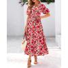 imageBTFBM Summer Dresses for Women 2026 Boho Short Sleeve V Neck Button Belt Flowy Spring Clothes Beach Vacation Maxi DressFloral Red Orange Pink