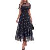 imageBTFBM Summer Dresses for Women 2026 Mesh Short Sleeve Floral Print Ruffle Long Boho Wedding Guest Dress CocktailFloral Black Royal Blue