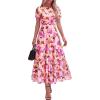 imageBTFBM Summer Dresses for Women 2026 Mesh Short Sleeve Floral Print Ruffle Long Boho Wedding Guest Dress CocktailFloral Pink Purple