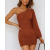 imageBTFBM Summer Dresses for Women 2026 One Shoulder Long Sleeve Ruched Bodycon Cocktail Party Wedding Guest Dress Spring OutfitsCaramel