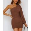 imageBTFBM Summer Dresses for Women 2026 One Shoulder Long Sleeve Ruched Bodycon Cocktail Party Wedding Guest Dress Spring OutfitsDark Brown