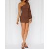 imageBTFBM Summer Dresses for Women 2026 One Shoulder Long Sleeve Ruched Bodycon Cocktail Party Wedding Guest Dress Spring OutfitsDark Brown