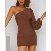 imageBTFBM Summer Dresses for Women 2026 One Shoulder Long Sleeve Ruched Bodycon Cocktail Party Wedding Guest Dress Spring OutfitsDark Brown