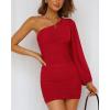 imageBTFBM Summer Dresses for Women 2026 One Shoulder Long Sleeve Ruched Bodycon Cocktail Party Wedding Guest Dress Spring OutfitsRed