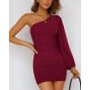 imageBTFBM Summer Dresses for Women 2026 One Shoulder Long Sleeve Ruched Bodycon Cocktail Party Wedding Guest Dress Spring OutfitsWine Red