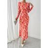 imageBTFBM Wedding Guest Dresses for Women Spring Fashion 2026 Bodycon Crew Neck Long Sleeve Boho Mesh Floral Maxi Fall DressApricot Red Flower