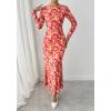 imageBTFBM Wedding Guest Dresses for Women Spring Fashion 2026 Bodycon Crew Neck Long Sleeve Boho Mesh Floral Maxi Fall DressApricot Red Flower
