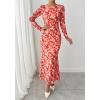imageBTFBM Wedding Guest Dresses for Women Spring Fashion 2026 Bodycon Crew Neck Long Sleeve Boho Mesh Floral Maxi Fall DressApricot Red Flower