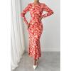 imageBTFBM Wedding Guest Dresses for Women Spring Fashion 2026 Bodycon Crew Neck Long Sleeve Boho Mesh Floral Maxi Fall DressApricot Red Flower