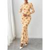 imageBTFBM Wedding Guest Dresses for Women Spring Fashion 2026 Bodycon Crew Neck Long Sleeve Boho Mesh Floral Maxi Fall DressBeige
