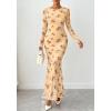 imageBTFBM Wedding Guest Dresses for Women Spring Fashion 2026 Bodycon Crew Neck Long Sleeve Boho Mesh Floral Maxi Fall DressBeige