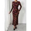 imageBTFBM Wedding Guest Dresses for Women Spring Fashion 2026 Bodycon Crew Neck Long Sleeve Boho Mesh Floral Maxi Fall DressBlack Red Flower