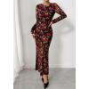 imageBTFBM Wedding Guest Dresses for Women Spring Fashion 2026 Bodycon Crew Neck Long Sleeve Boho Mesh Floral Maxi Fall DressBlack Red Flower
