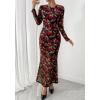 imageBTFBM Wedding Guest Dresses for Women Spring Fashion 2026 Bodycon Crew Neck Long Sleeve Boho Mesh Floral Maxi Fall DressBlack Red Flower