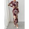 imageBTFBM Wedding Guest Dresses for Women Spring Fashion 2026 Bodycon Crew Neck Long Sleeve Boho Mesh Floral Maxi Fall DressBurgundy