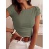 imageBTFBM Womens Summer Tops 2026 Ribbed T Shirts Crew Neck Short Sleeve Stretchy Ruched Slim Fit Workout Going Out TopArmy Green