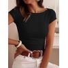 imageBTFBM Womens Summer Tops 2026 Ribbed T Shirts Crew Neck Short Sleeve Stretchy Ruched Slim Fit Workout Going Out TopBlack