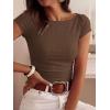 imageBTFBM Womens Summer Tops 2026 Ribbed T Shirts Crew Neck Short Sleeve Stretchy Ruched Slim Fit Workout Going Out TopCoffee