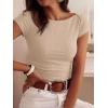 imageBTFBM Womens Summer Tops 2026 Ribbed T Shirts Crew Neck Short Sleeve Stretchy Ruched Slim Fit Workout Going Out TopKhaki