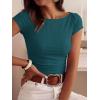 imageBTFBM Womens Summer Tops 2026 Ribbed T Shirts Crew Neck Short Sleeve Stretchy Ruched Slim Fit Workout Going Out TopLake Blue