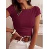 imageBTFBM Womens Summer Tops 2026 Ribbed T Shirts Crew Neck Short Sleeve Stretchy Ruched Slim Fit Workout Going Out TopWine Red