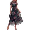 imageBTFBM Summer Dresses for Women 2026 Mesh Short Sleeve Floral Print Ruffle Long Boho Wedding Guest Dress CocktailFloral Black Pink