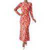 imageBTFBM Wedding Guest Dresses for Women Spring Fashion 2026 Bodycon Crew Neck Long Sleeve Boho Mesh Floral Maxi Fall DressApricot Red Flower