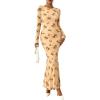 imageBTFBM Wedding Guest Dresses for Women Spring Fashion 2026 Bodycon Crew Neck Long Sleeve Boho Mesh Floral Maxi Fall DressBeige
