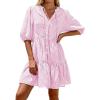 imageBTFBM Women Summer Dresses 2026 Striped Mini Dress Half Sleeve Button Down Tiered Flowy Beach Vacation Outfits PocketsPink