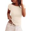 imageBTFBM Womens Summer Tops 2026 Ribbed T Shirts Crew Neck Short Sleeve Stretchy Ruched Slim Fit Workout Going Out TopBeige