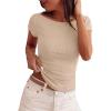 imageBTFBM Womens Summer Tops 2026 Ribbed T Shirts Crew Neck Short Sleeve Stretchy Ruched Slim Fit Workout Going Out TopKhaki