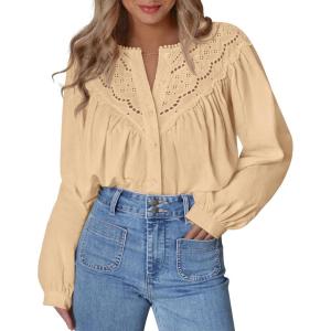 imageBTFBM Blouses for Women Dressy Casual Fall Clothes 2025 Lace Long Sleeve Tops Lightweight Spring Button Down ShirtsApricot