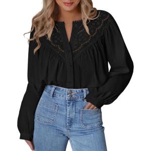 imageBTFBM Blouses for Women Dressy Casual Fall Clothes 2025 Lace Long Sleeve Tops Lightweight Spring Button Down ShirtsBlack