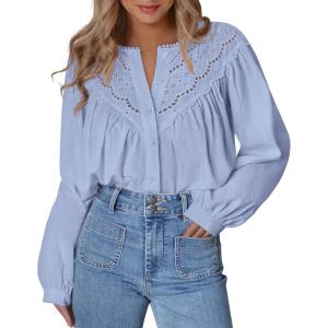 imageBTFBM Blouses for Women Dressy Casual Fall Clothes 2025 Lace Long Sleeve Tops Lightweight Spring Button Down ShirtsLight Blue