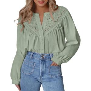 imageBTFBM Blouses for Women Dressy Casual Fall Clothes 2025 Lace Long Sleeve Tops Lightweight Spring Button Down ShirtsLight Green