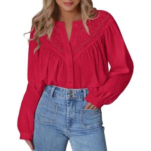 imageBTFBM Blouses for Women Dressy Casual Fall Clothes 2025 Lace Long Sleeve Tops Lightweight Spring Button Down ShirtsRed