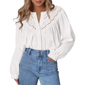 imageBTFBM Blouses for Women Dressy Casual Fall Clothes 2025 Lace Long Sleeve Tops Lightweight Spring Button Down ShirtsWhite