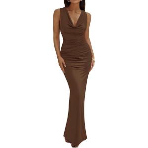 imageBTFBM Cocktail Dresses for Women Spring 2026 Cowl Neck Sleeveless Ruched Slim Fit Maxi Summer Formal Wedding Guest DressBrown