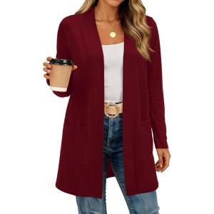 imageBTFBM Long Cardigans for Women Trendy Pockets Spring Clothes 2026 Casual Open Front Lightweight Shawl CardiganBurgundy