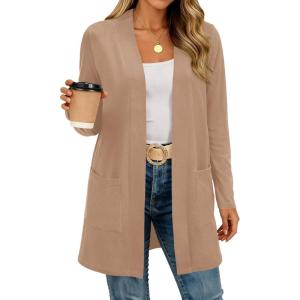 imageBTFBM Long Cardigans for Women Trendy Pockets Spring Clothes 2026 Casual Open Front Lightweight Shawl CardiganKhaki