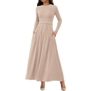 imageBTFBM Long Sleeve Dress for Women Spring Clothes 2026 Pockets Business Casual Pleated Fall Wedding Guest DressesBeige