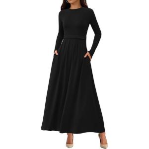 imageBTFBM Long Sleeve Dress for Women Spring Clothes 2026 Pockets Business Casual Pleated Fall Wedding Guest DressesBlack