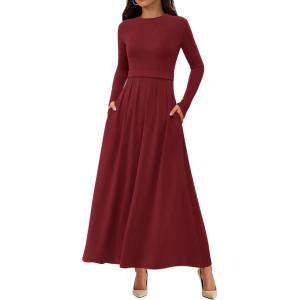 imageBTFBM Long Sleeve Dress for Women Spring Clothes 2026 Pockets Business Casual Pleated Fall Wedding Guest DressesBurgundy