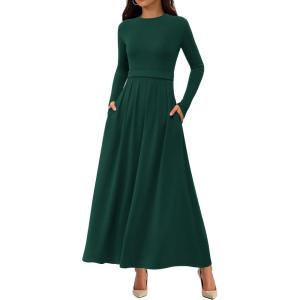 imageBTFBM Long Sleeve Dress for Women Spring Clothes 2026 Pockets Business Casual Pleated Fall Wedding Guest DressesDark Green